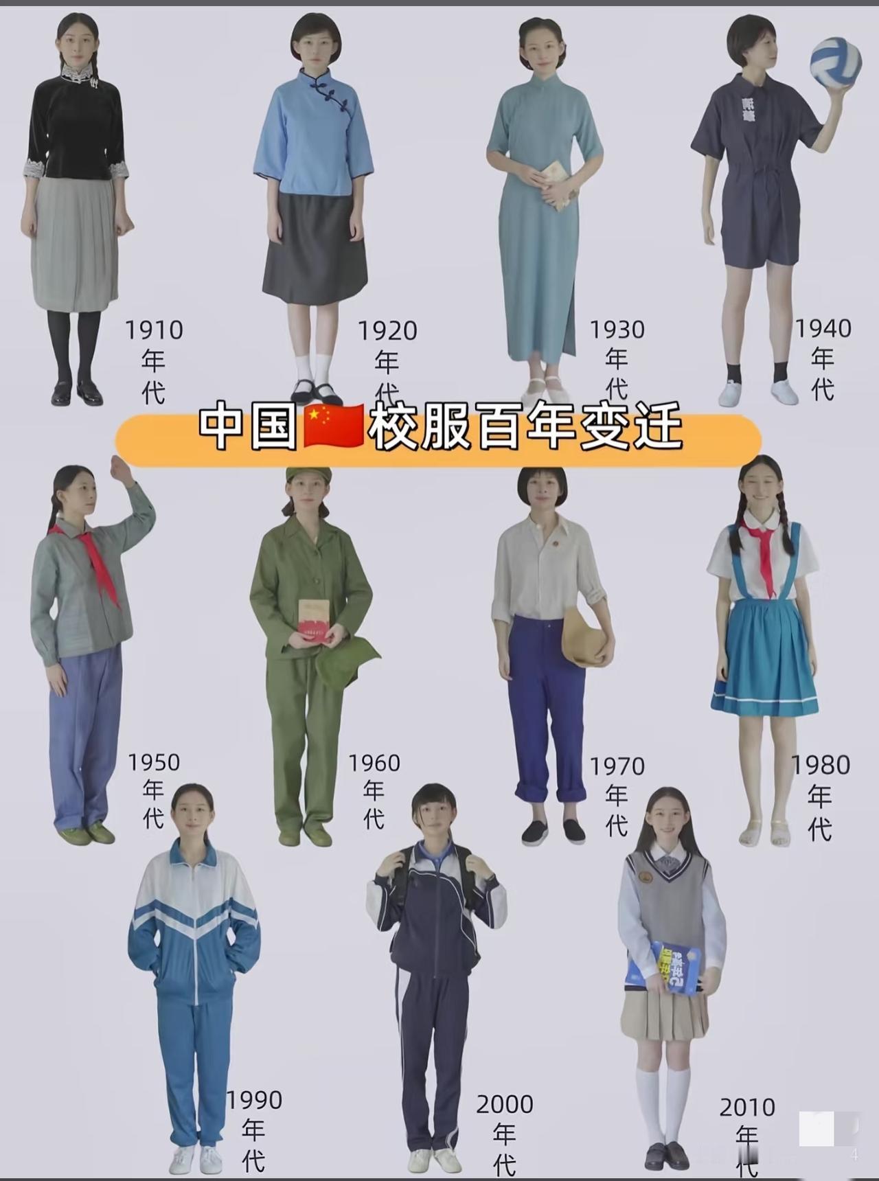 中国校服百年大迁：最后一个没见过，其它的都比较熟悉。堪称审美大退化不同年代校服
