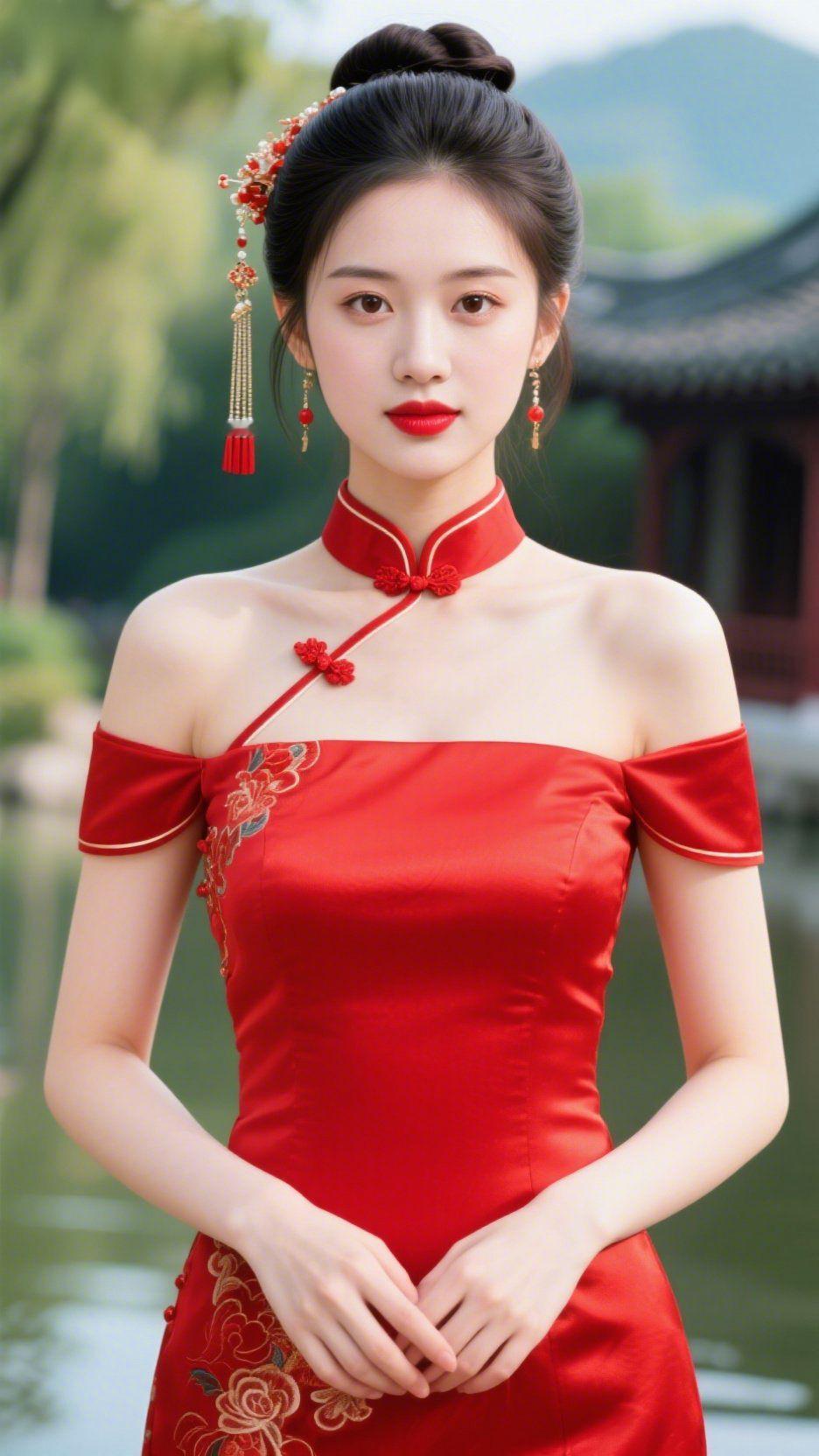 《红裙栖满国风柔》朱红裙衫覆着缎面柔光，斜襟绒结与绣纹，似将春日艳色织进衣