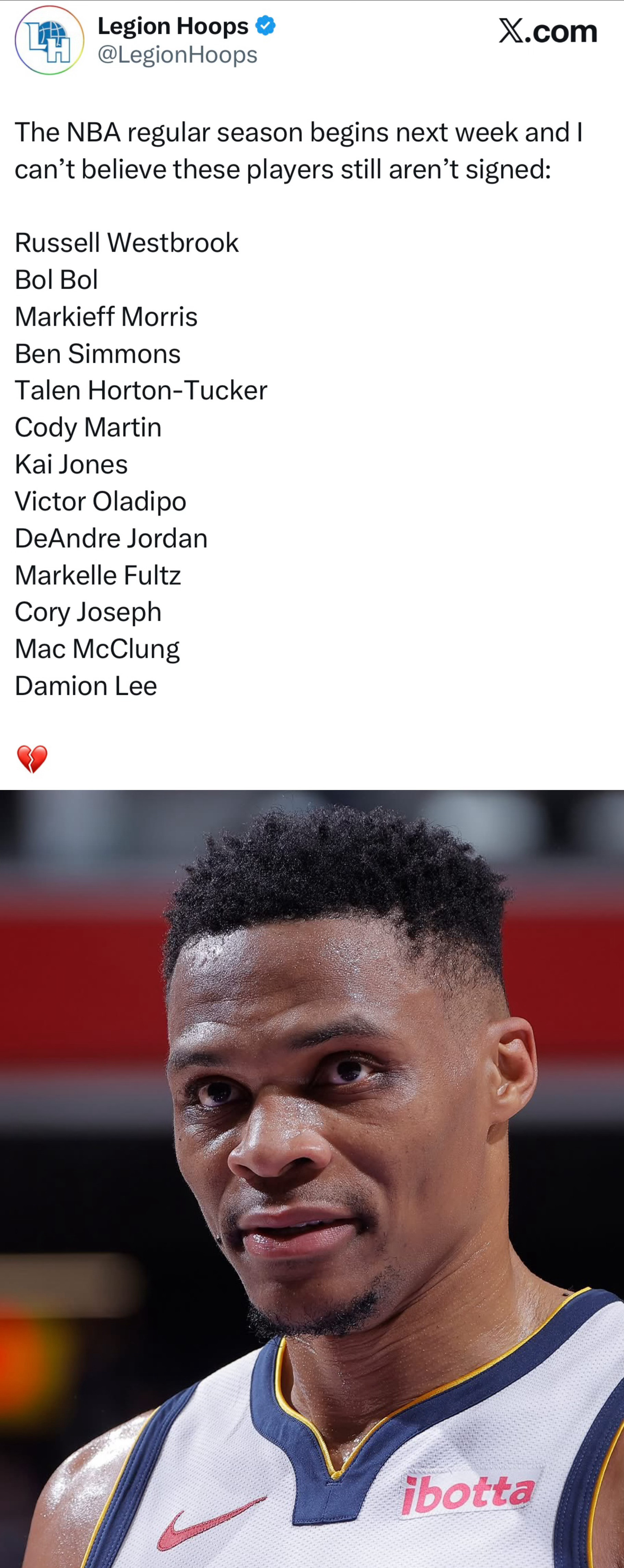 NBA常规赛下周打响，仍未签约NBA球队的球员：拉塞尔·威斯布鲁克波尔·波尔马基