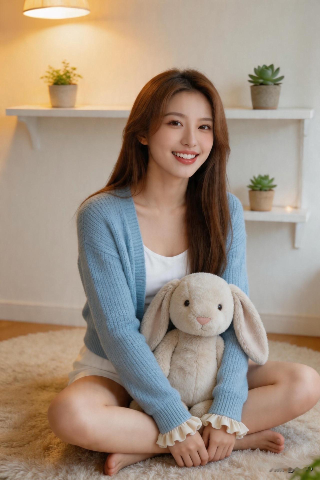 玉兔抱怀中，笑语暖春风。