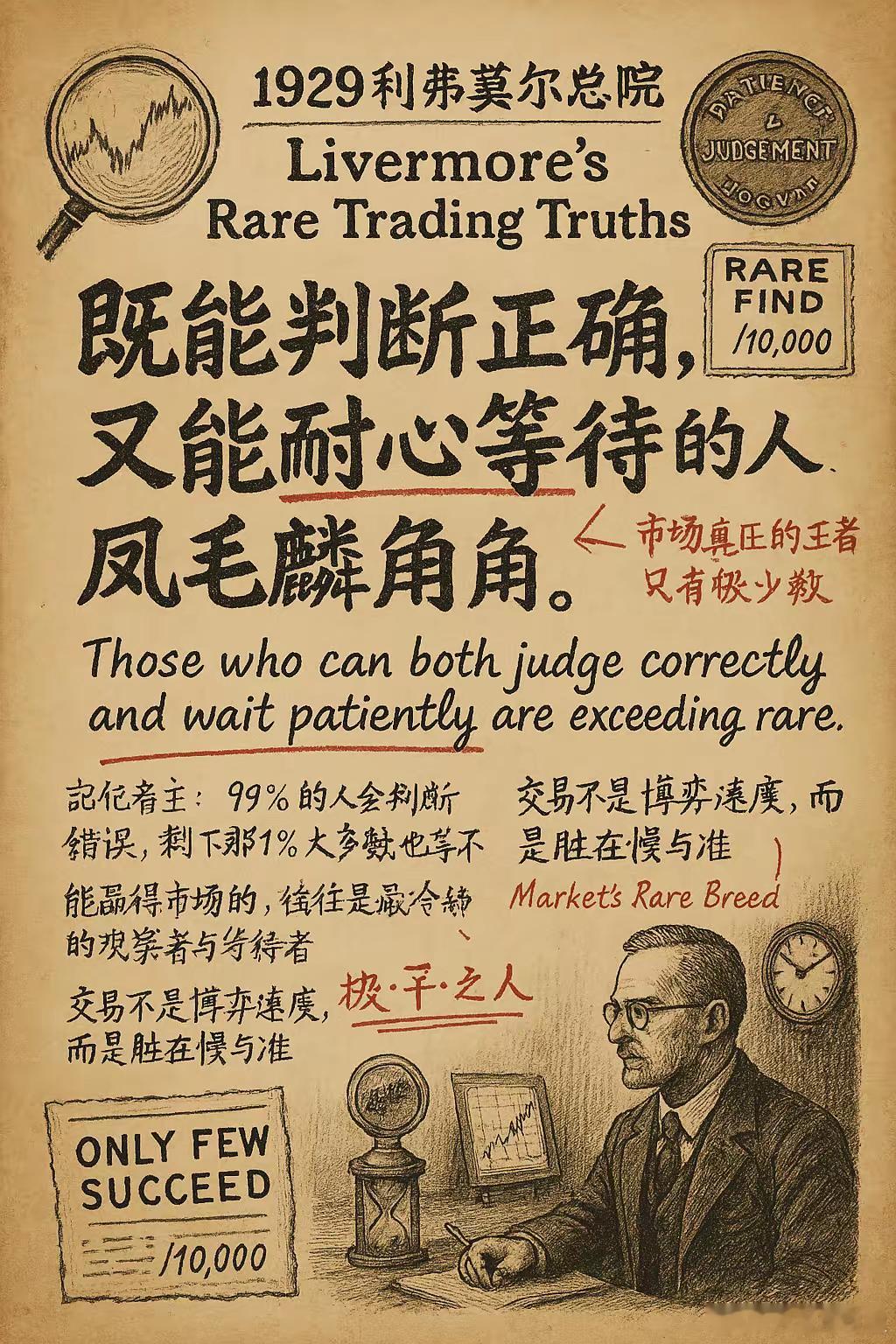 利弗莫尔留下一句话。利弗莫尔说：既能判断正确，又能耐心等待的人，凤毛麟角。​多数