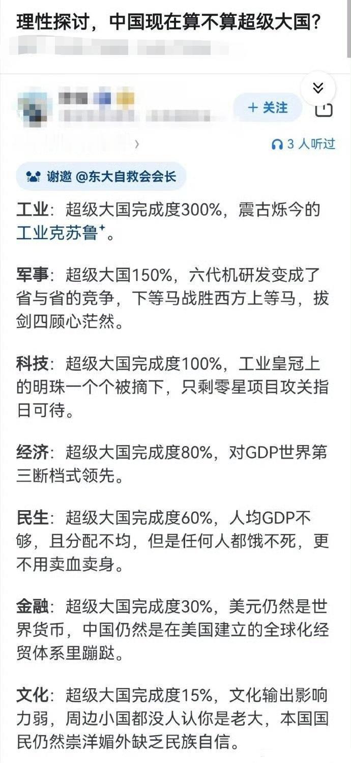 网友分析的中国的“超级大国”各领域任务完成度。诸位可认可？