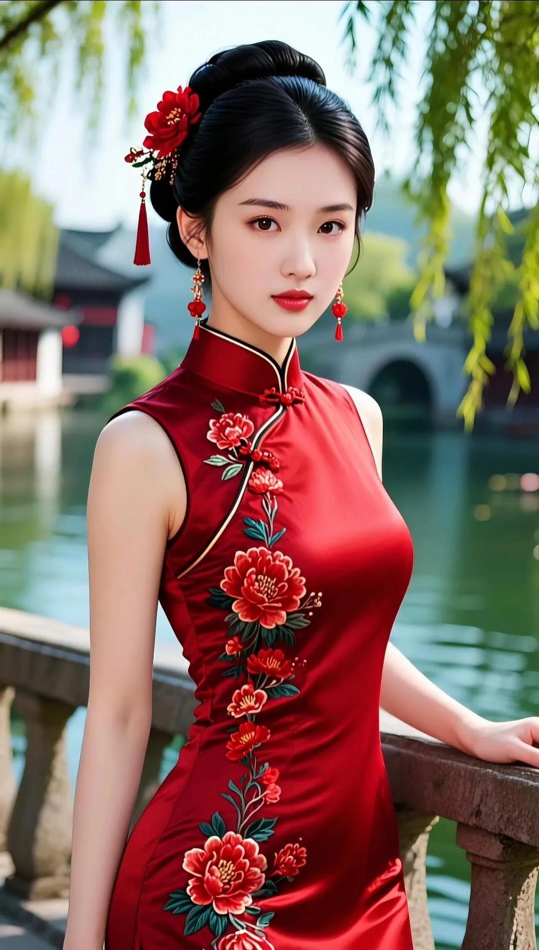 红衣美人倚栏杆，古风韵味扑面来。