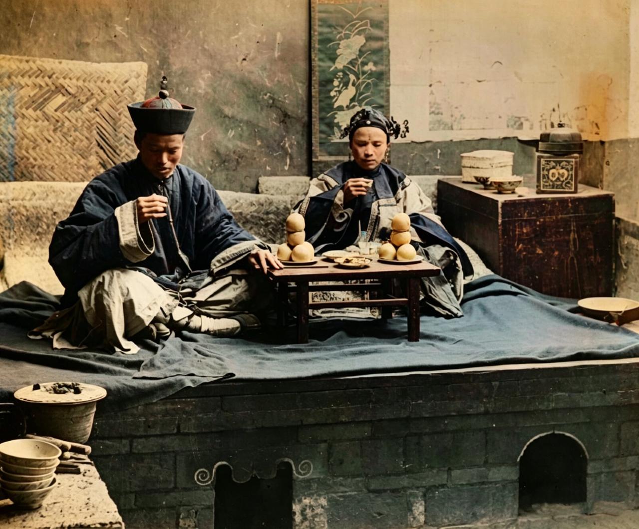 这是晚清新婚夫妇坐在炕上举杯喝酒。这样的新房看起来非常简陋。可是，这也是晚清中等