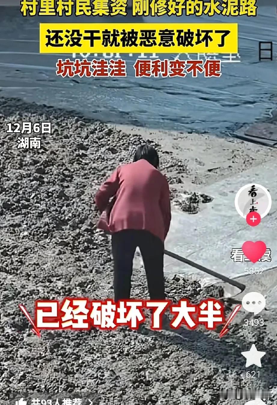 令人气愤！村民刚修好的水泥路，还没完全硬化就被人破坏了，破坏者是一位年近八旬的老