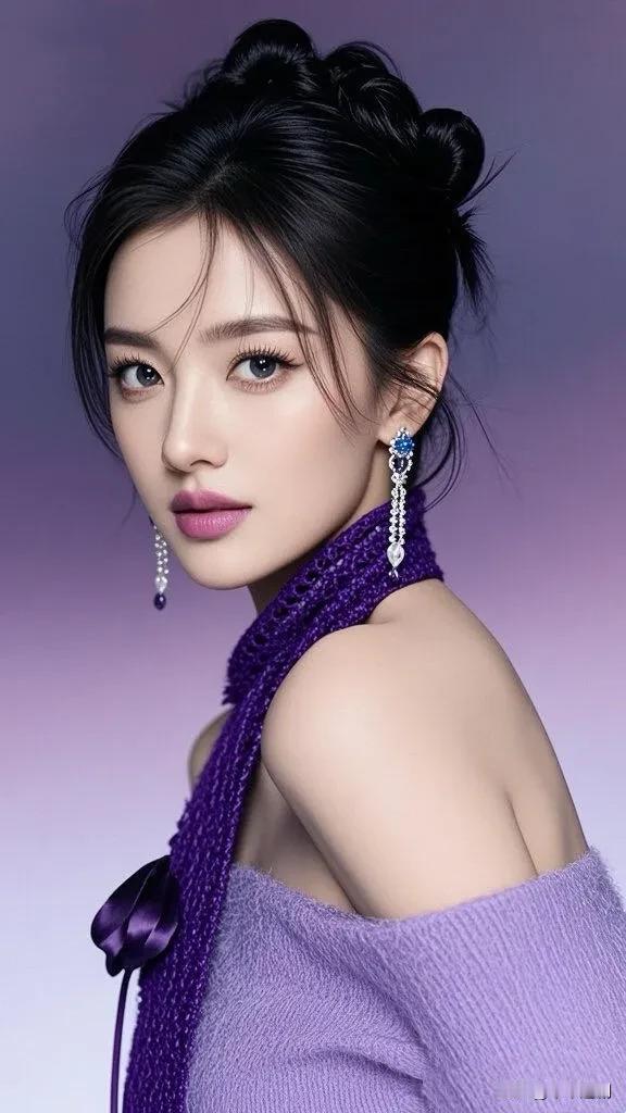 紫调针织衫滑落肩头，同色系挂颈饰带添上柔媚细节。钻饰耳坠在渐变紫底里轻闪，盘发衬