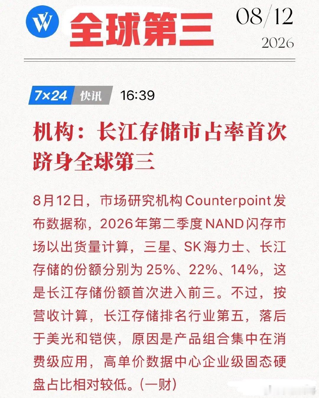 终于把美光挤下去了！全球NAND洗牌：长江14%份额首进前三，韩美日垄断格局被彻