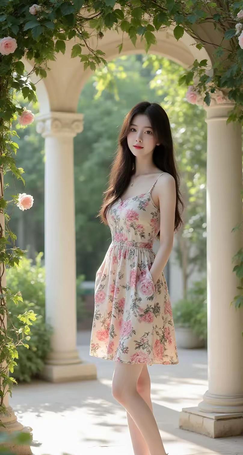 夏日花园里的优雅少女，粉色花朵裙摆随风飘逸。