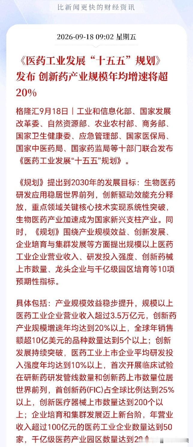 见证历史！医药工业十五五规划落地！这一刻，创新药终于迎来了它的黄金时代了，未来