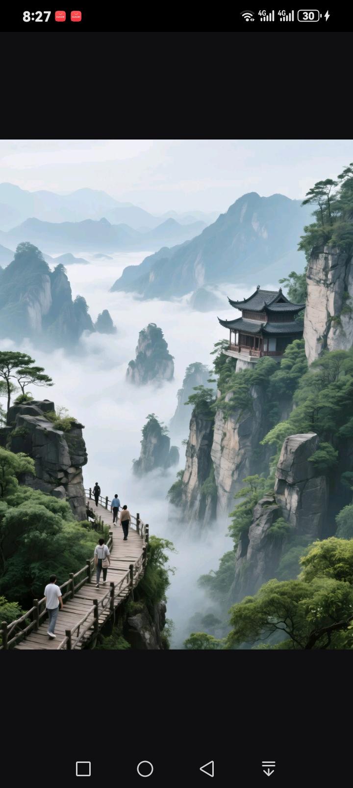 云间栈道，天上宫阙行走在悬空的木栈道上，脚下是翻涌的云海，身旁是陡峭的岩壁。