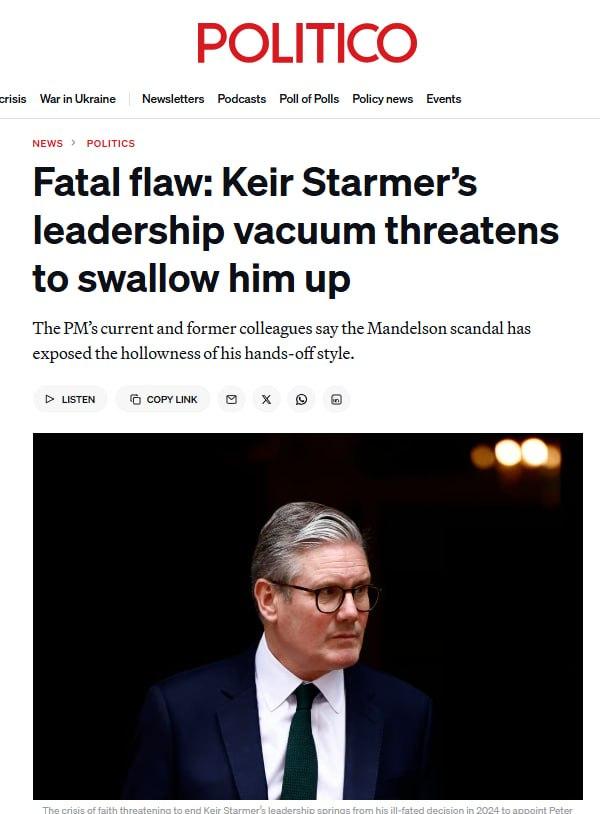 Politico最新爆料：英国首相斯塔默被自己人骂惨了。工党内部人士原话：“