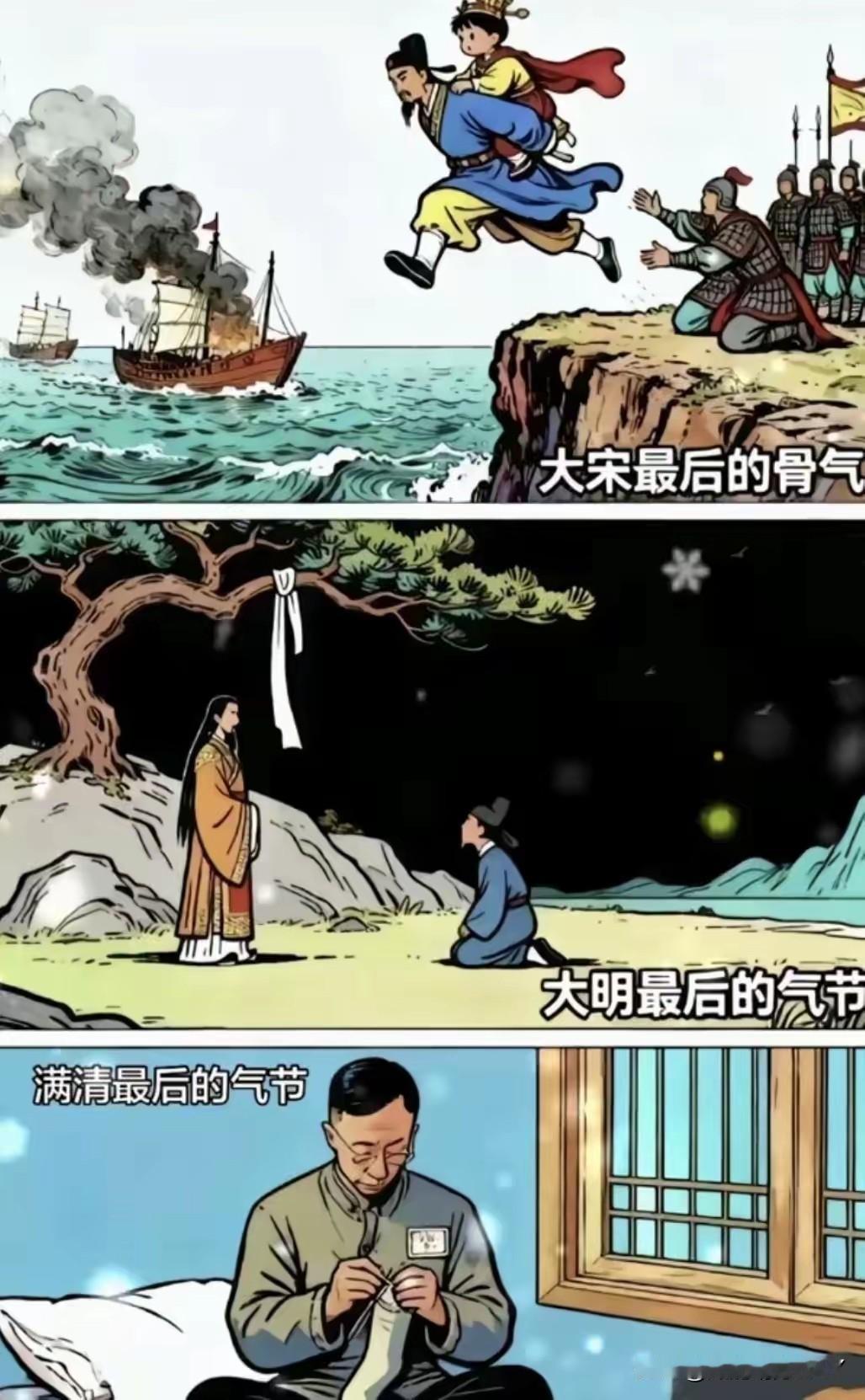 大宋最后的骨气，陆秀夫背着小皇帝跳崖；大明最后的气节，崇祯皇帝吊死在煤山；再