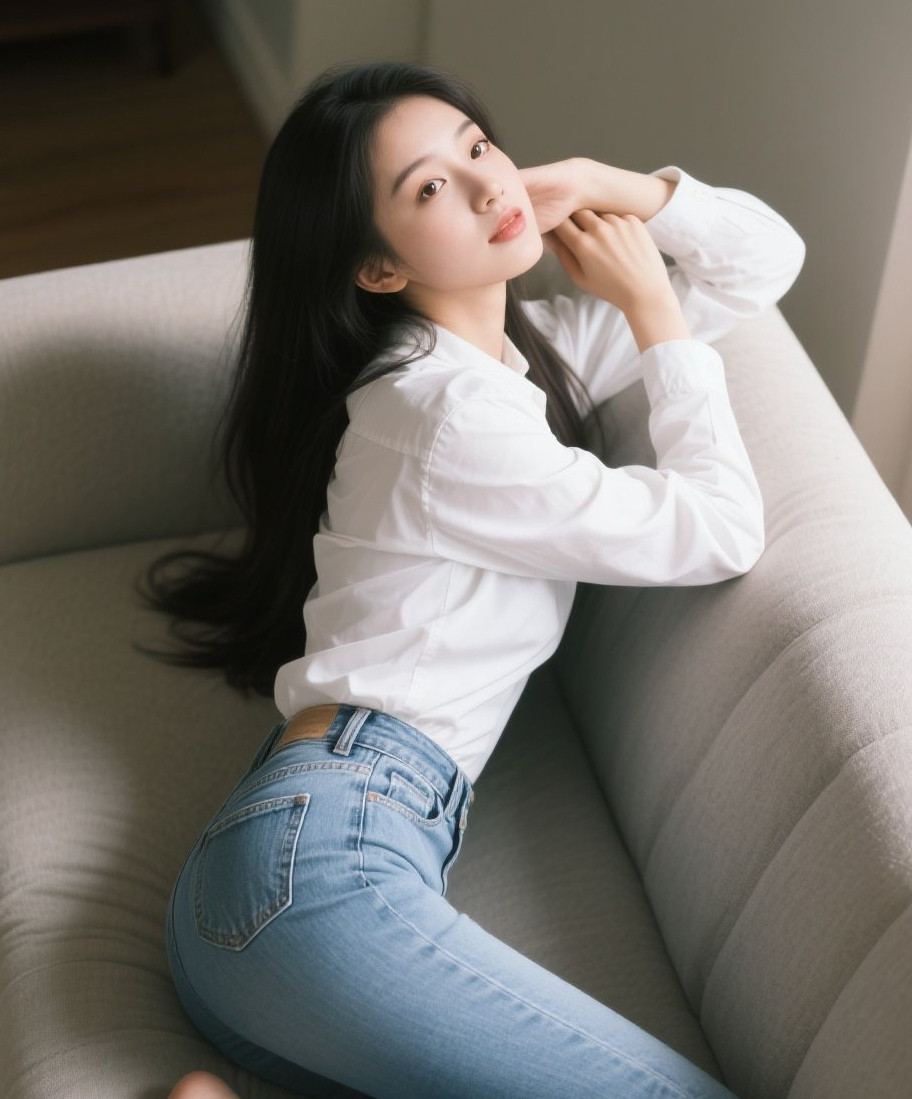 清纯少女牛仔裤秀沙发上的甜美瞬间