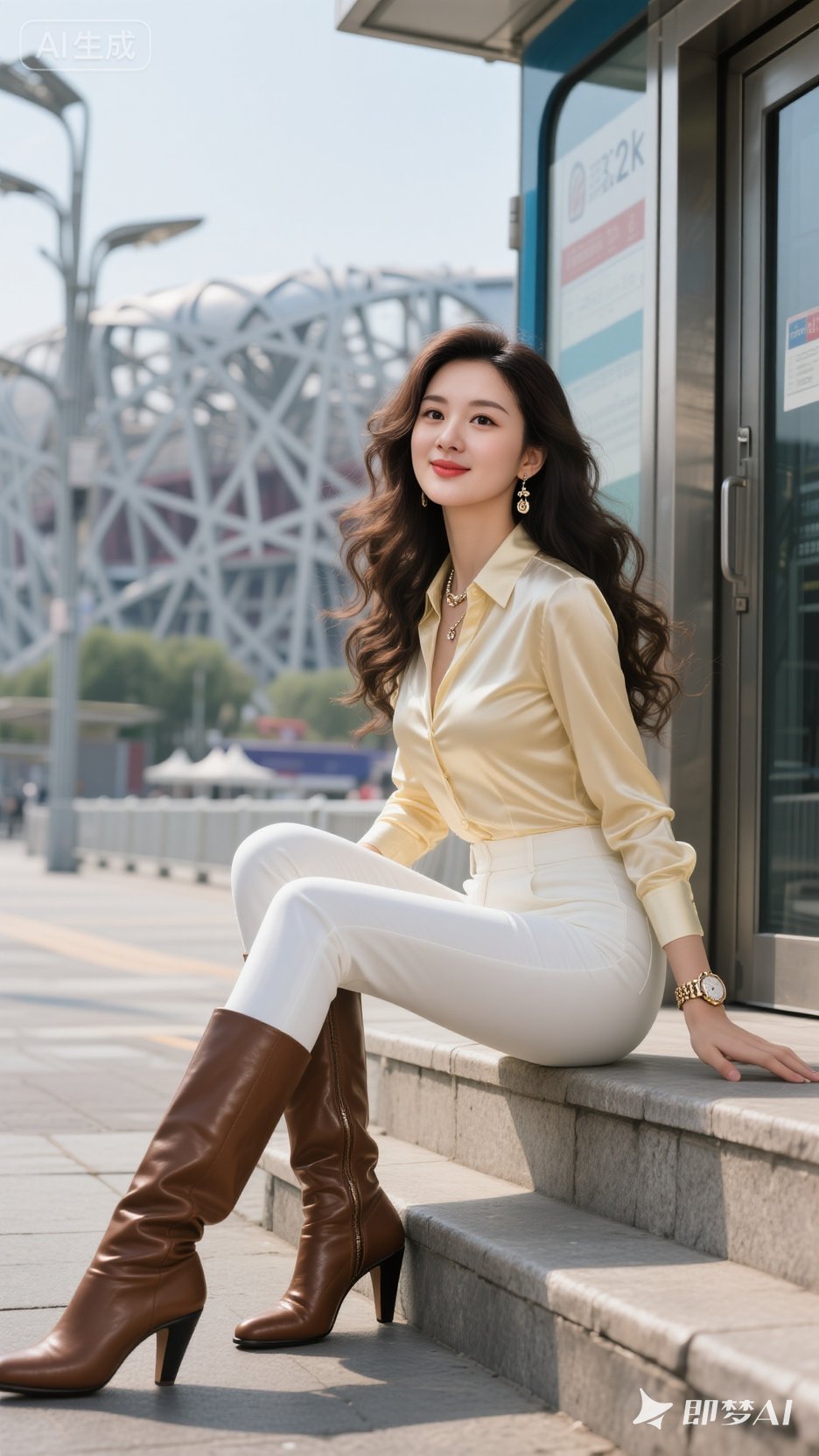 都市时尚少女，优雅坐等地铁，背景是北京鸟巢，穿搭指南