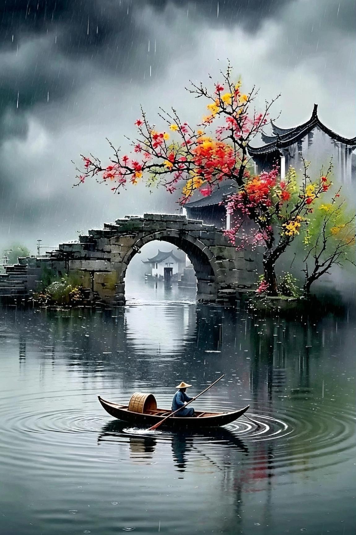 《烟雨孤舟渡石桥》喜欢江南烟雨诗意的朋友，千万别错过这一纸水墨意境！