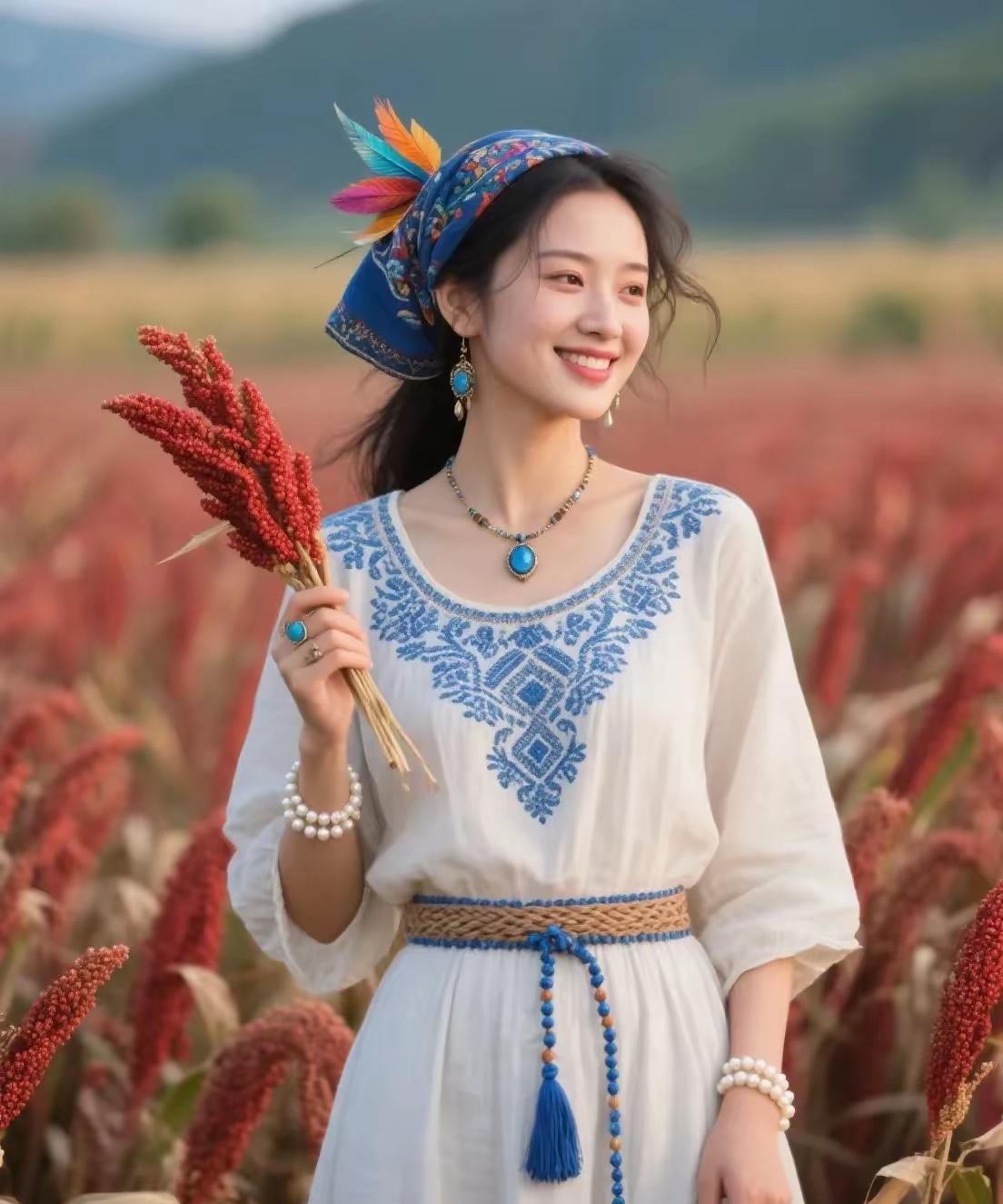 七律·高粱又红了沃野田畴映日曛，高粱似火正纷纭。青丝凤羽添娇俏，素袂蓝花惹丽