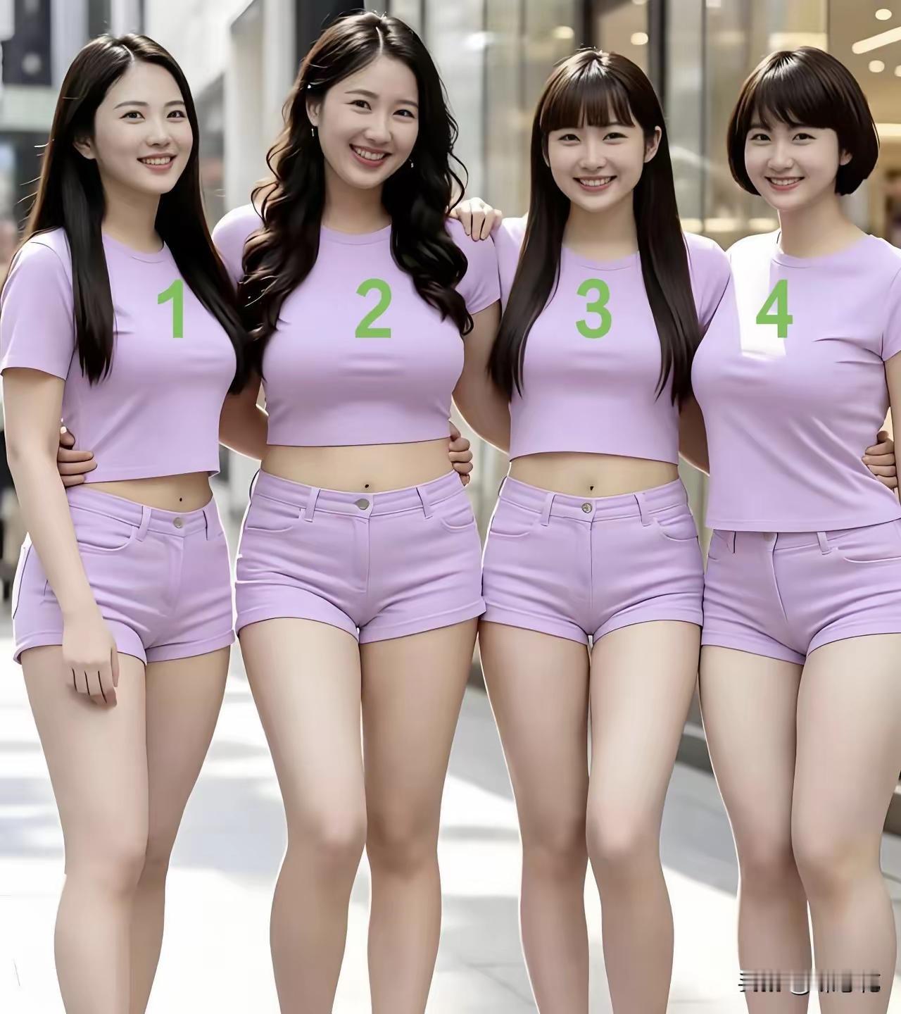 本人偏向四号美女，体形小巧多姿，中年发胖的可能性较小，生孩子后仍可保持好身材，吸