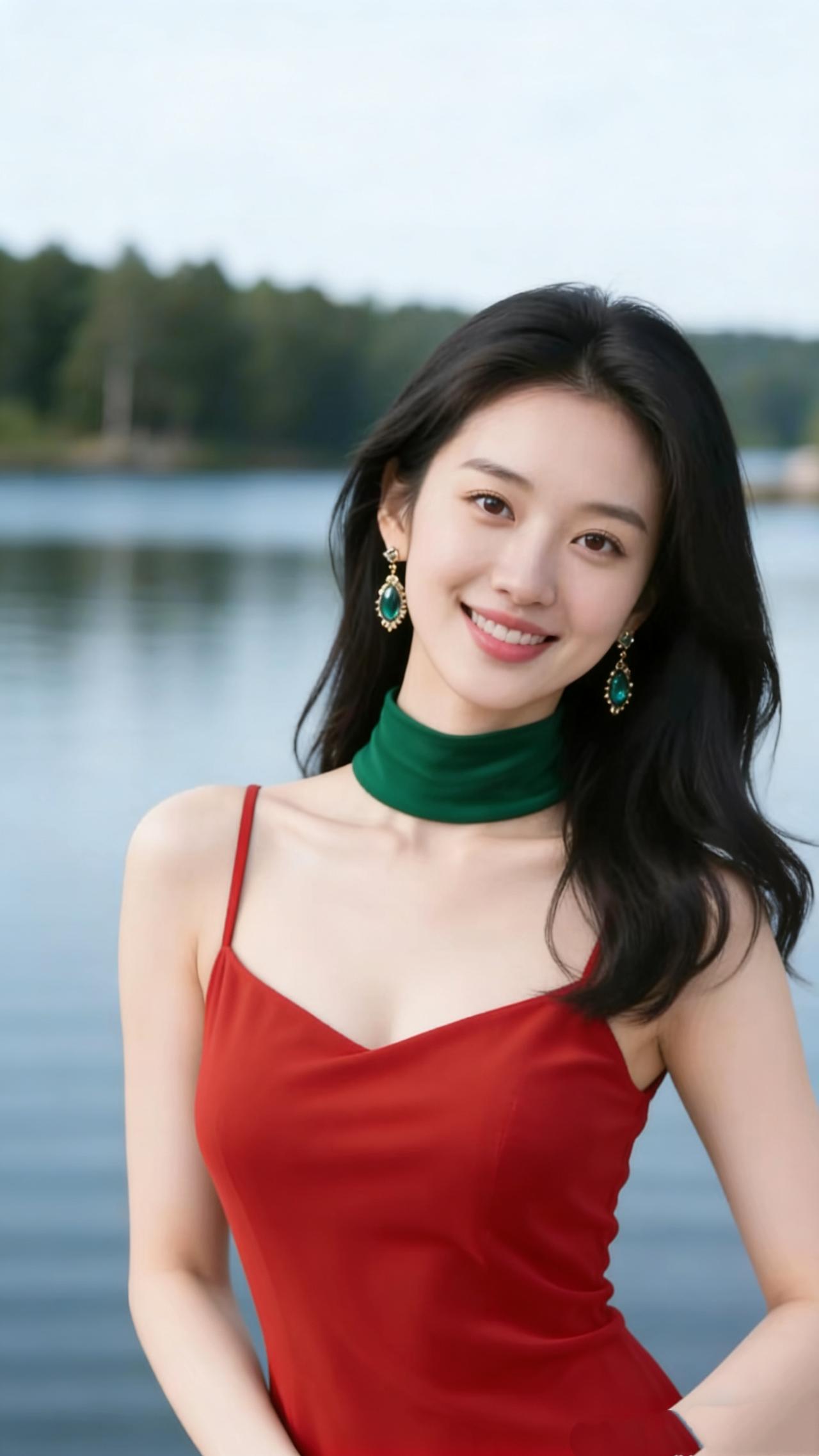 《湖风裹红裙》湖畔的风携着水汽漫来，掠过水面时，轻轻拂动她的发梢。那