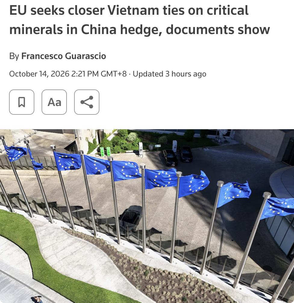 外媒：欧盟谋求深化与越南关系以获取关键矿产，降低对华依赖。据欧盟内部文件，越