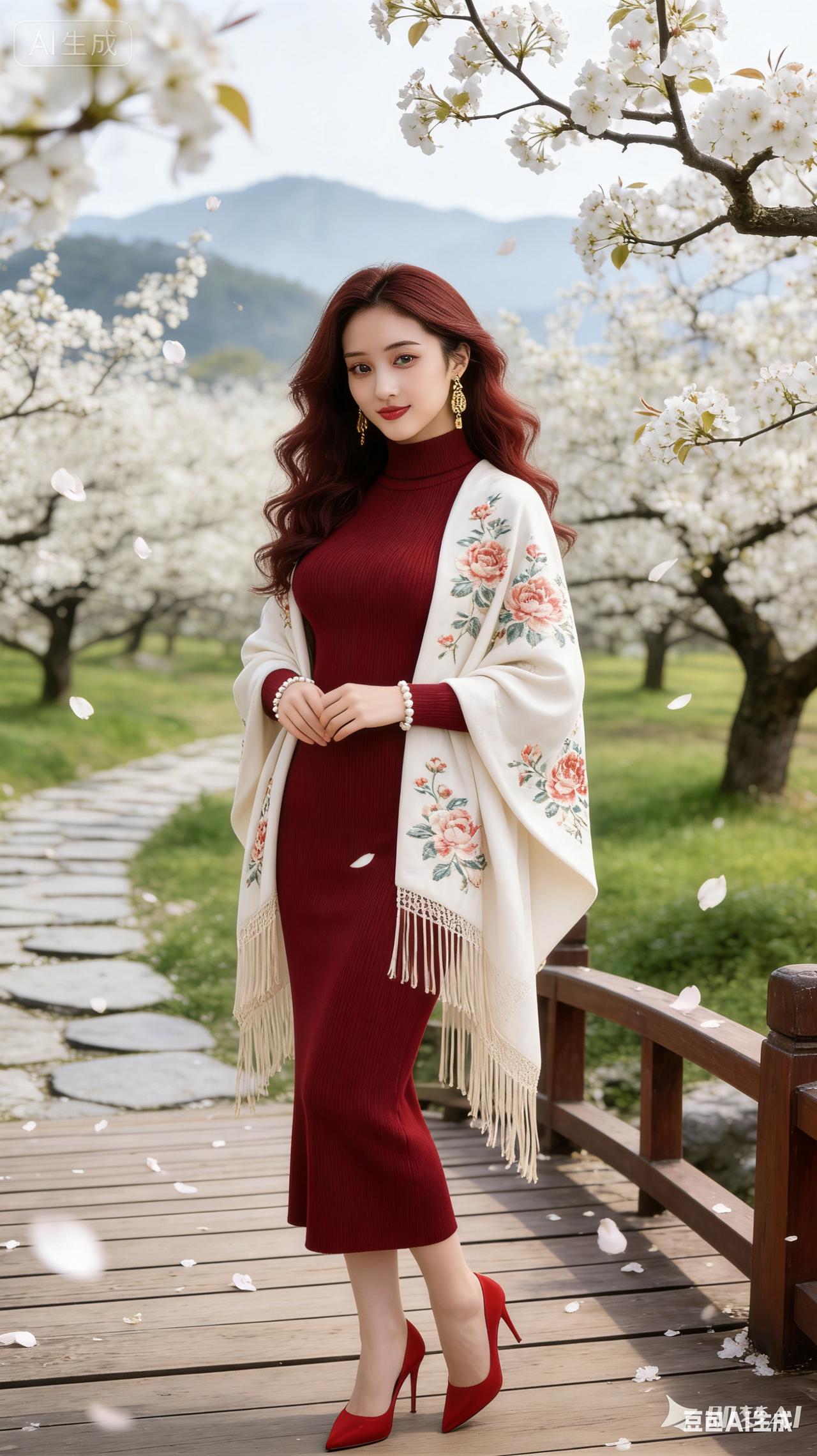 樱花树下，红衣美人，春日浪漫