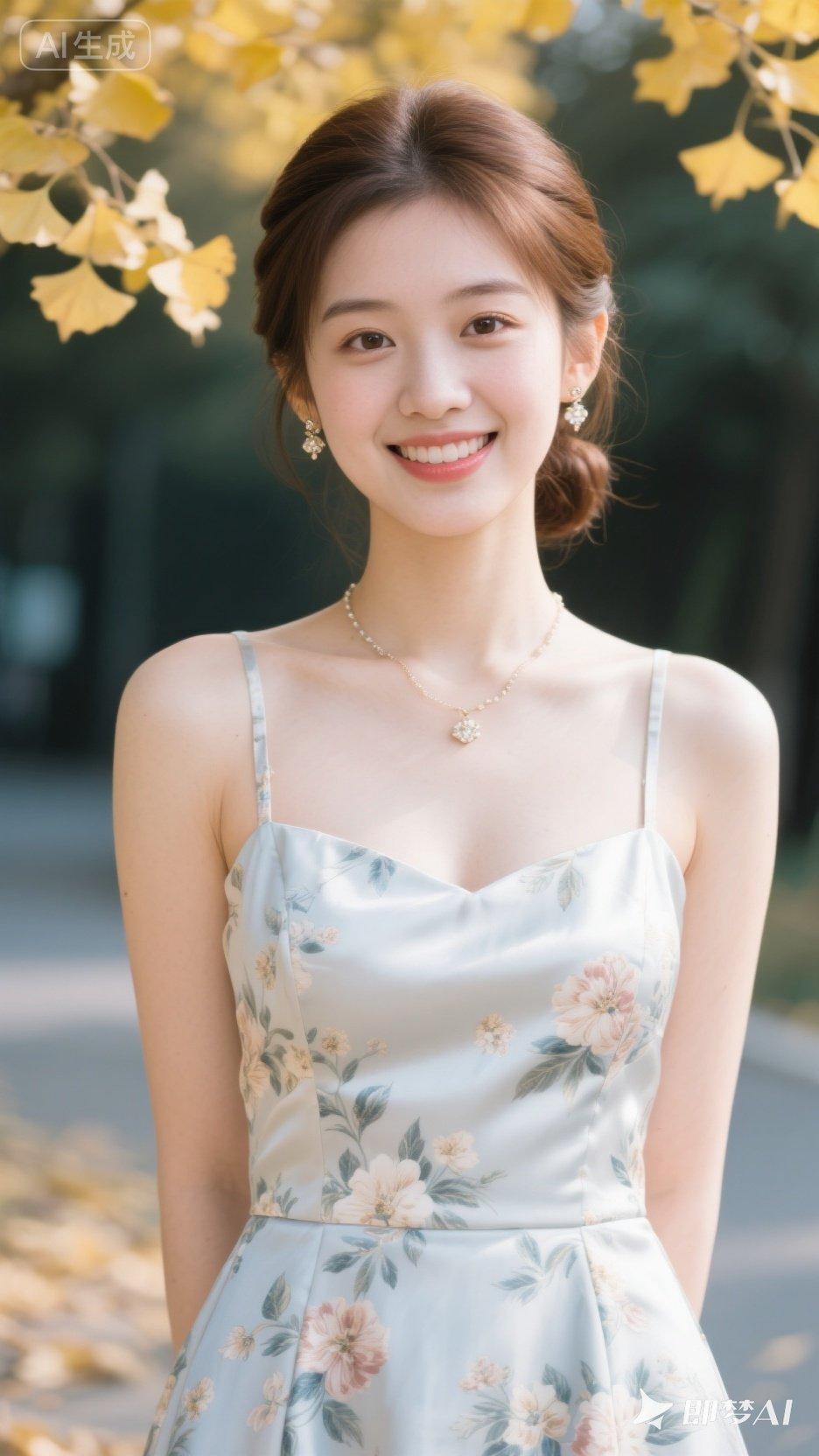 秋日暖阳下的甜美笑容，花裙飘飘，温柔动人。