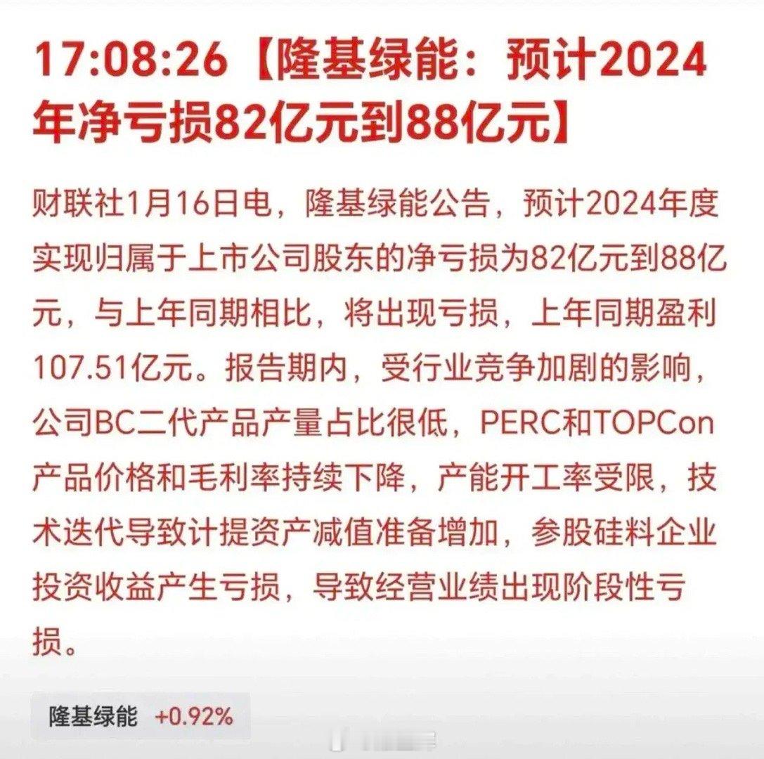 光伏龙头企业纷纷巨亏，产能过剩问题严重隆基股份亏损82-88亿元，天合光能亏损3