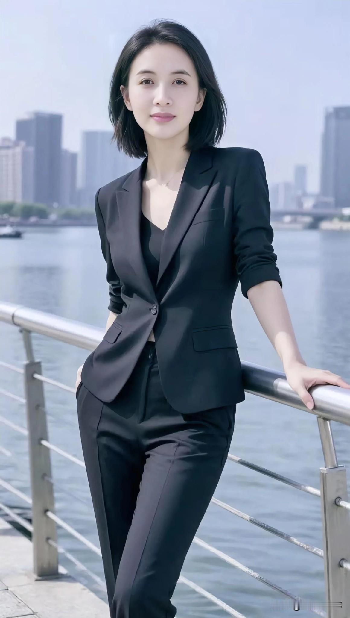 黑西装立江畔，风抚发，都市温柔入画。