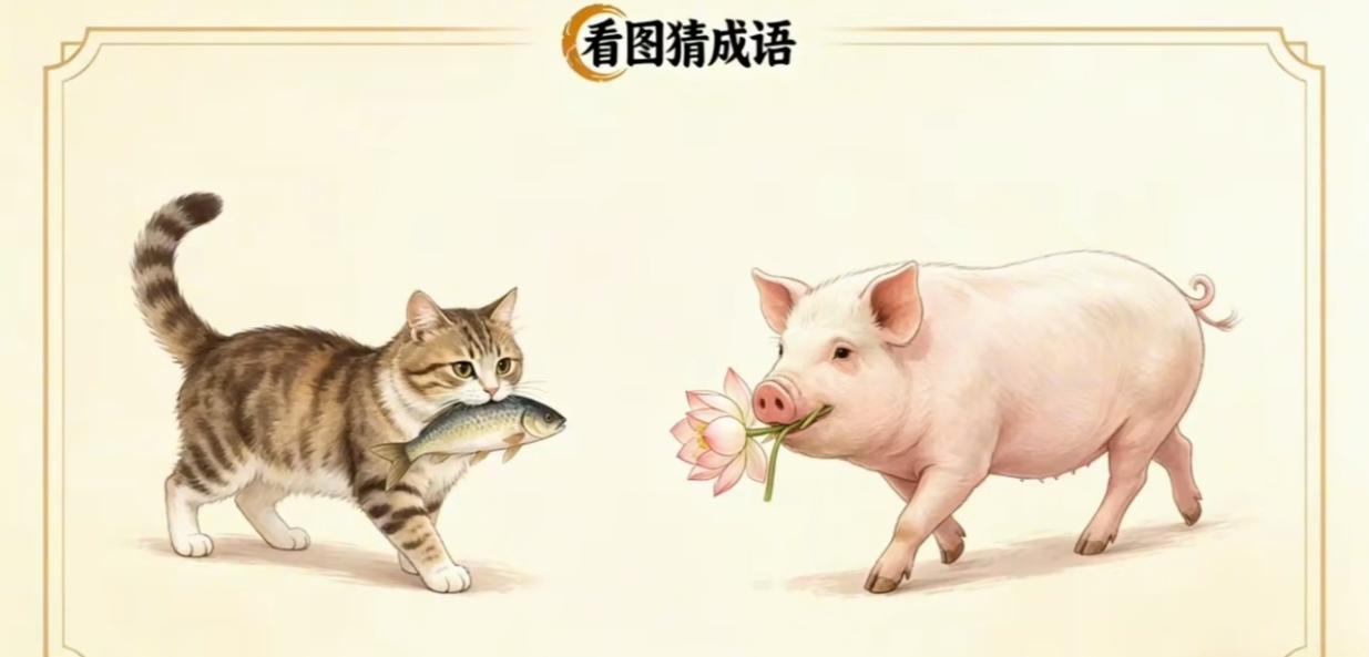 搞笑猜个成语来；小猫叼着一条鱼；小猪叼着一荷花；谐音猜个成语来；“妙语