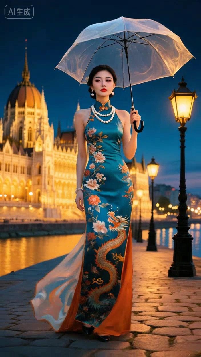 七绝●举伞曼舞/古韵夜色阑珊曼舞梭，灯光璀璨任轻歌。旗袍汉服端庄美，