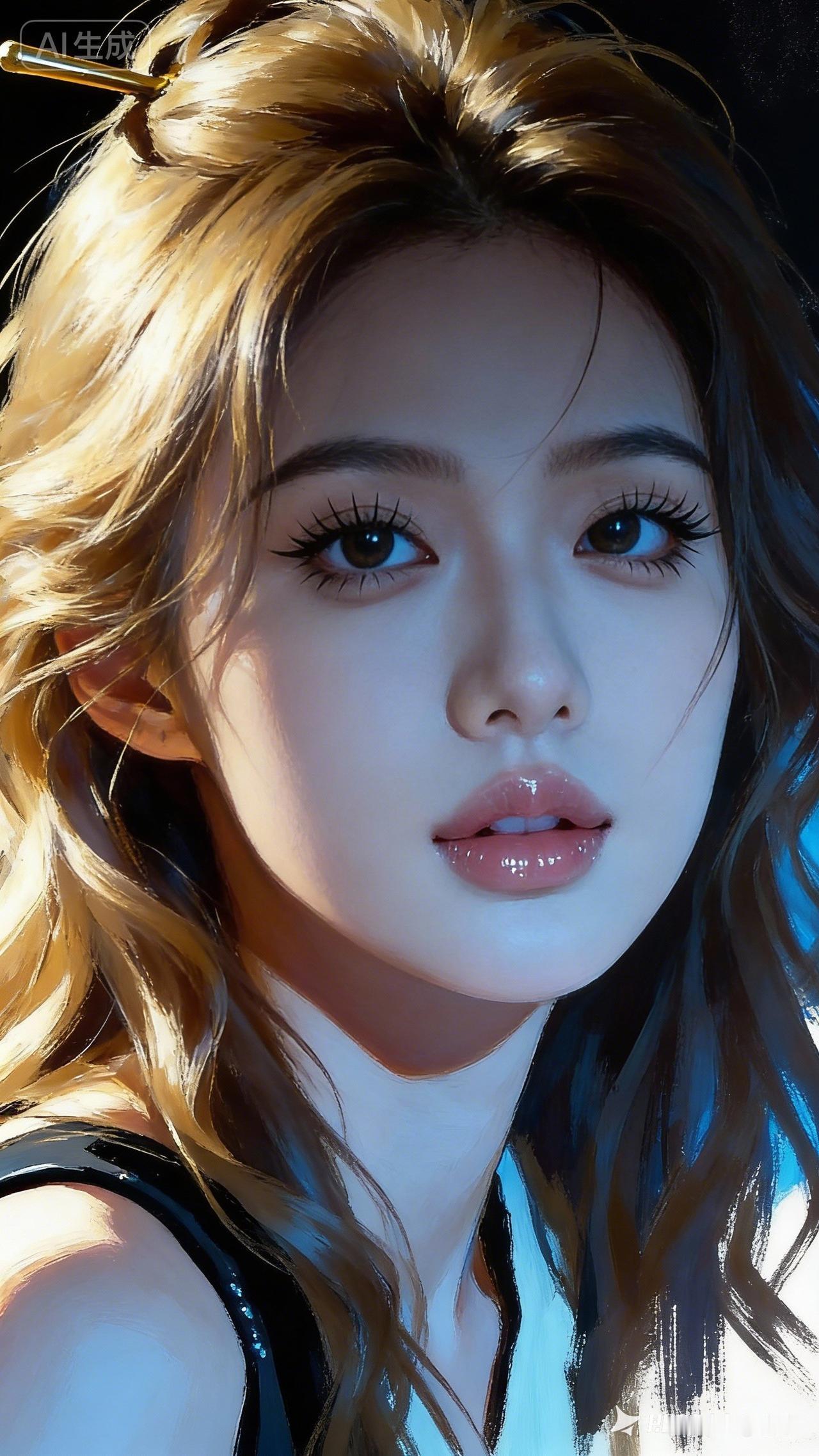 金棕色微卷发垂坠柔顺，冷白皮衬极致妆容，油亮丰唇小巧勾人。微距移轴定格特写，明暗