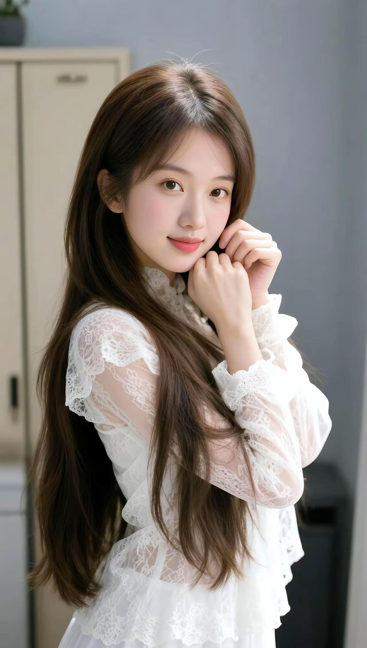 温柔甜美的少女，白色蕾丝裙，微笑动人