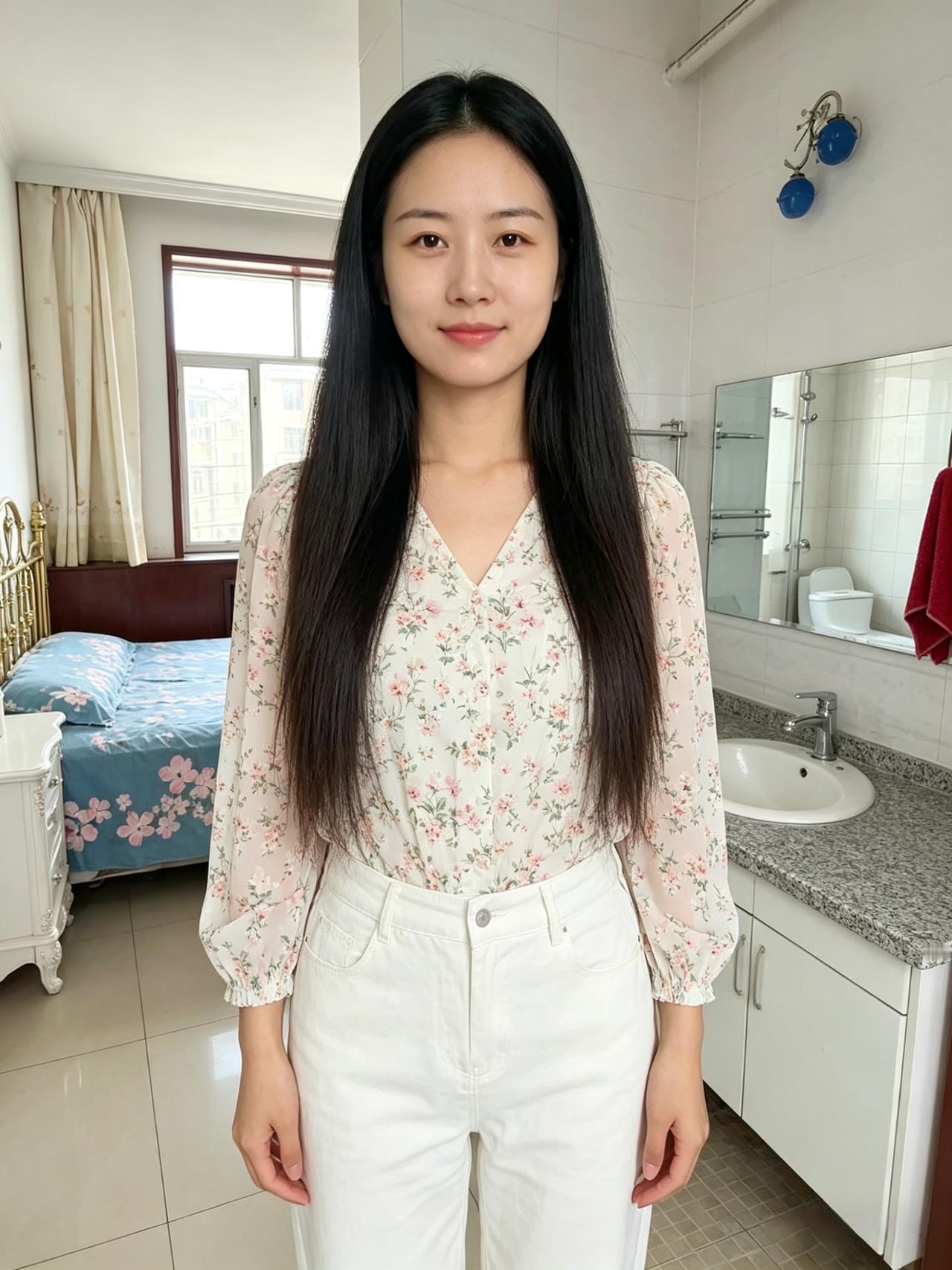 暖阳洒满整洁明亮的房间碎花衣袂裹着满室温柔清甜乌黑长发垂落肩头眉眼弯弯，带