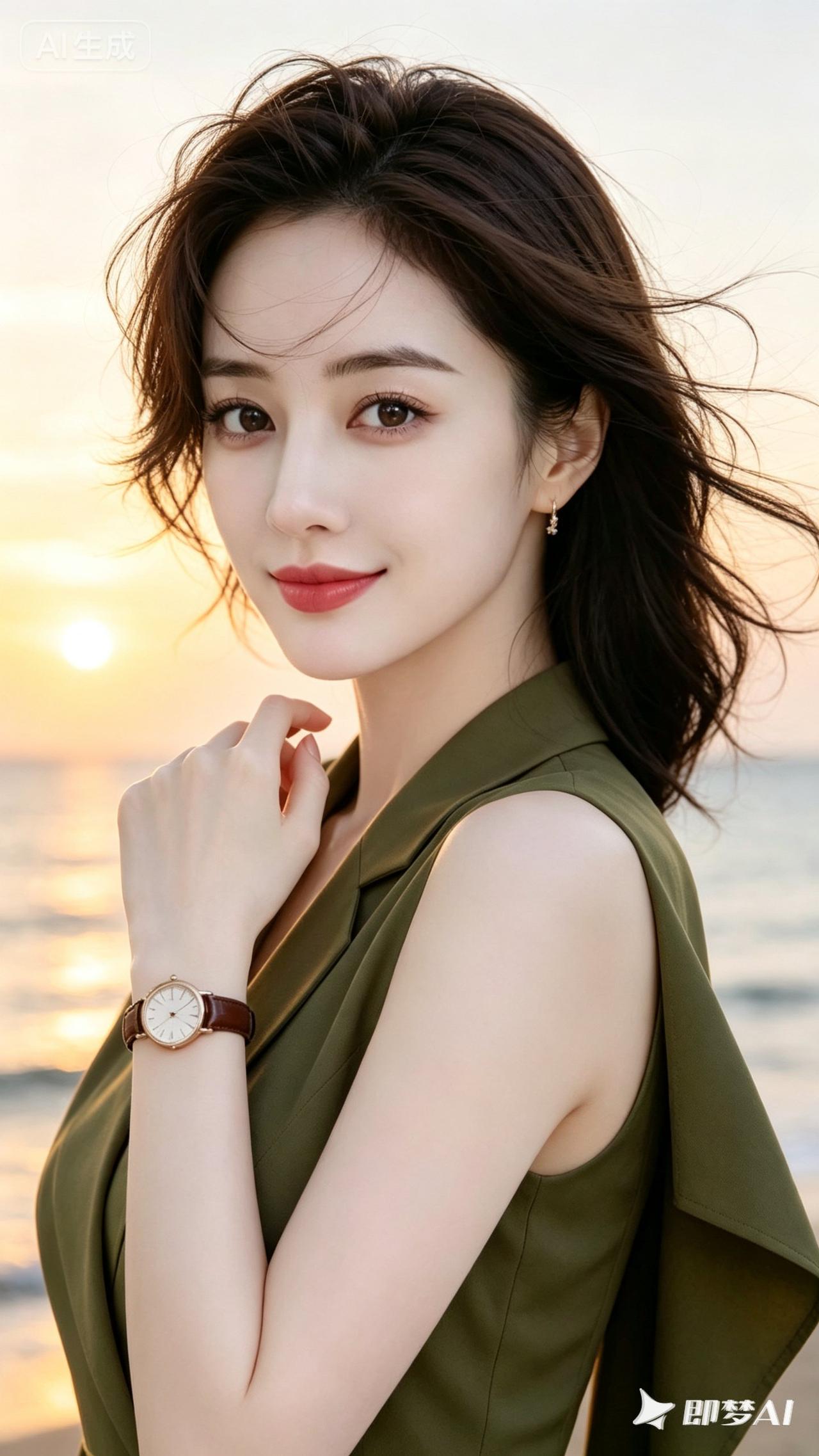 海边日落下的温柔时光，少女心满满的海风轻拂