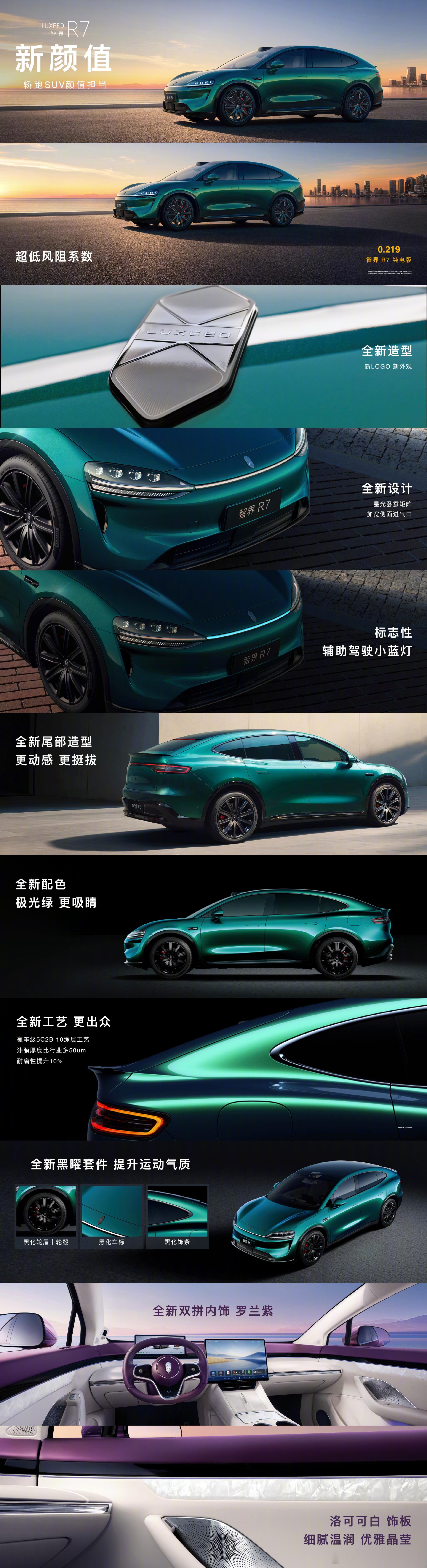 全新智界R7进行了全面进化，在外观、舒适、智能、性能上都进行了升级。全新造型