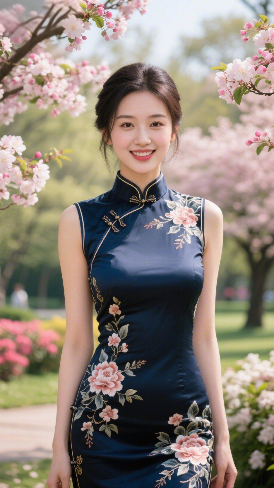 《青襟栖春樱》春风裹着樱香漫过时，她立在花影里，藏青旗袍上的粉花与枝间樱色