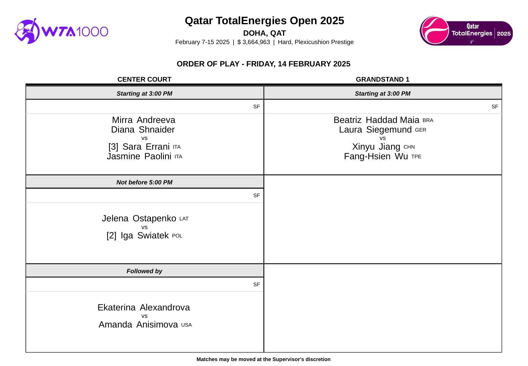 WTA1000多哈站今日赛程📅半决赛斯瓦泰克对决奥斯塔彭科，亚历山德洛娃迎战