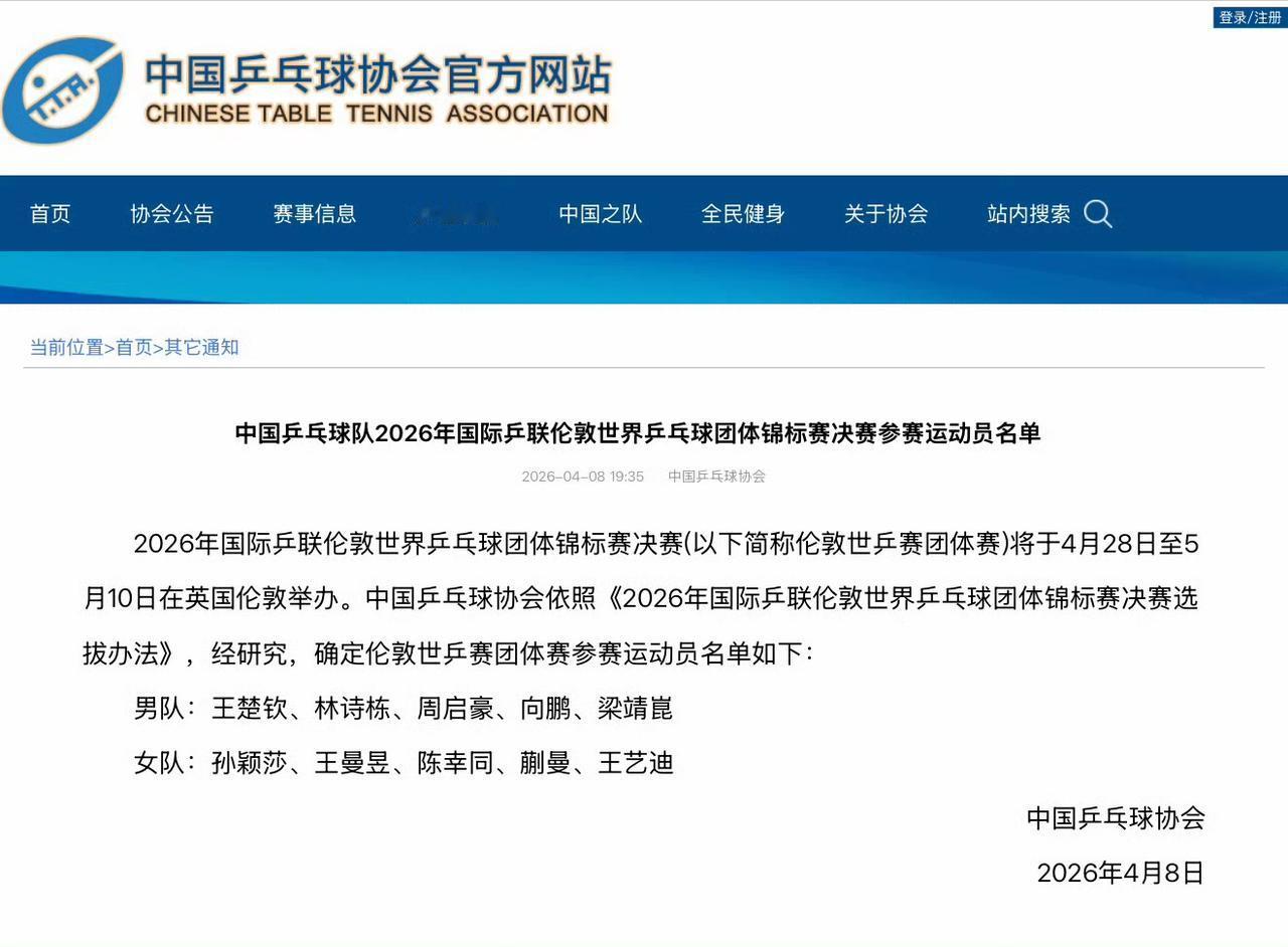 国乒2026伦敦世乒团体赛参赛名单发布！男团最后一个名额不是樊振东，因为樊振东