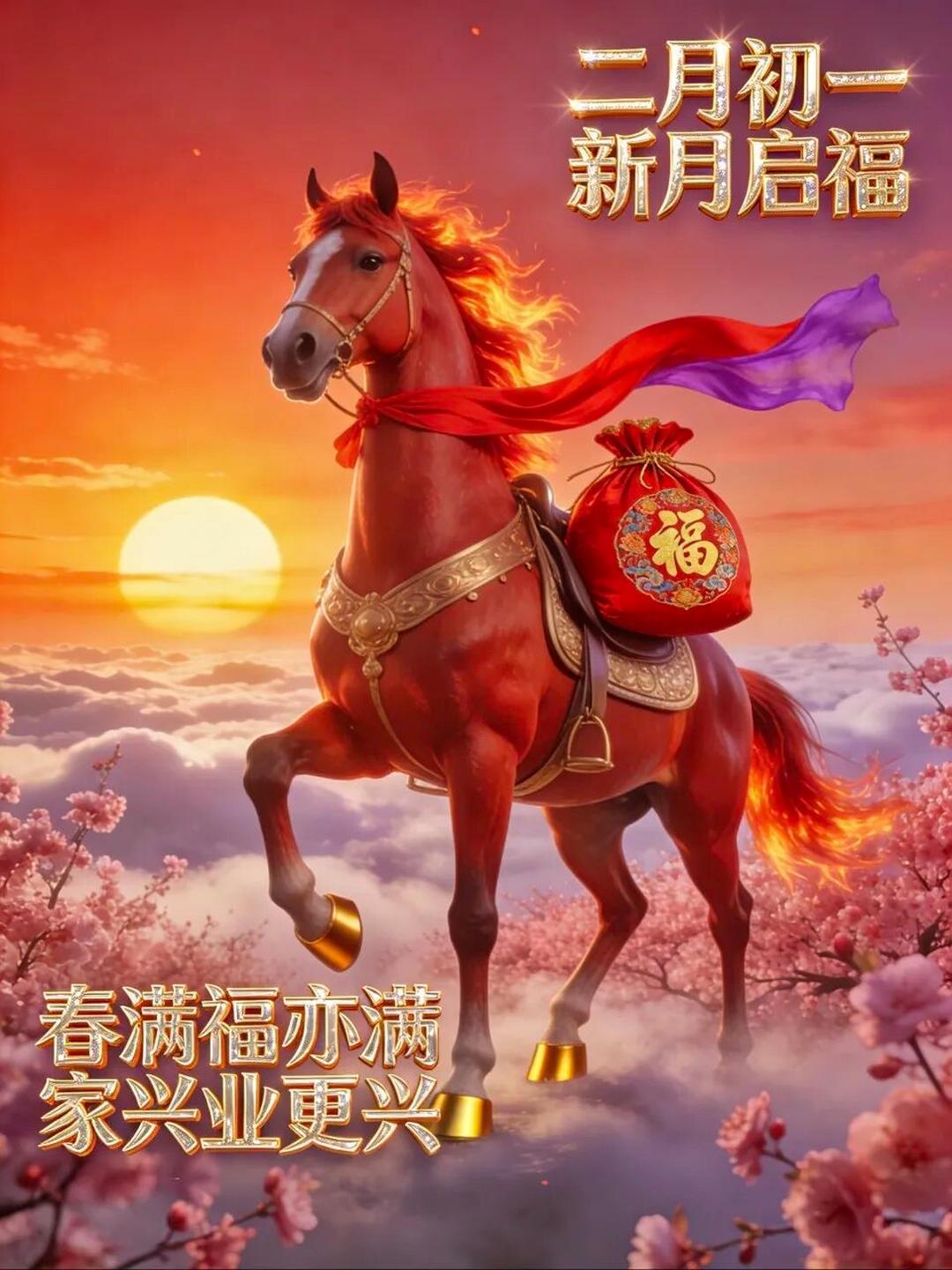 新岁二月，初一纳祥。新月承着福气，春露载着吉祥。愿你晨起纳吉，日常添喜，平安常绕