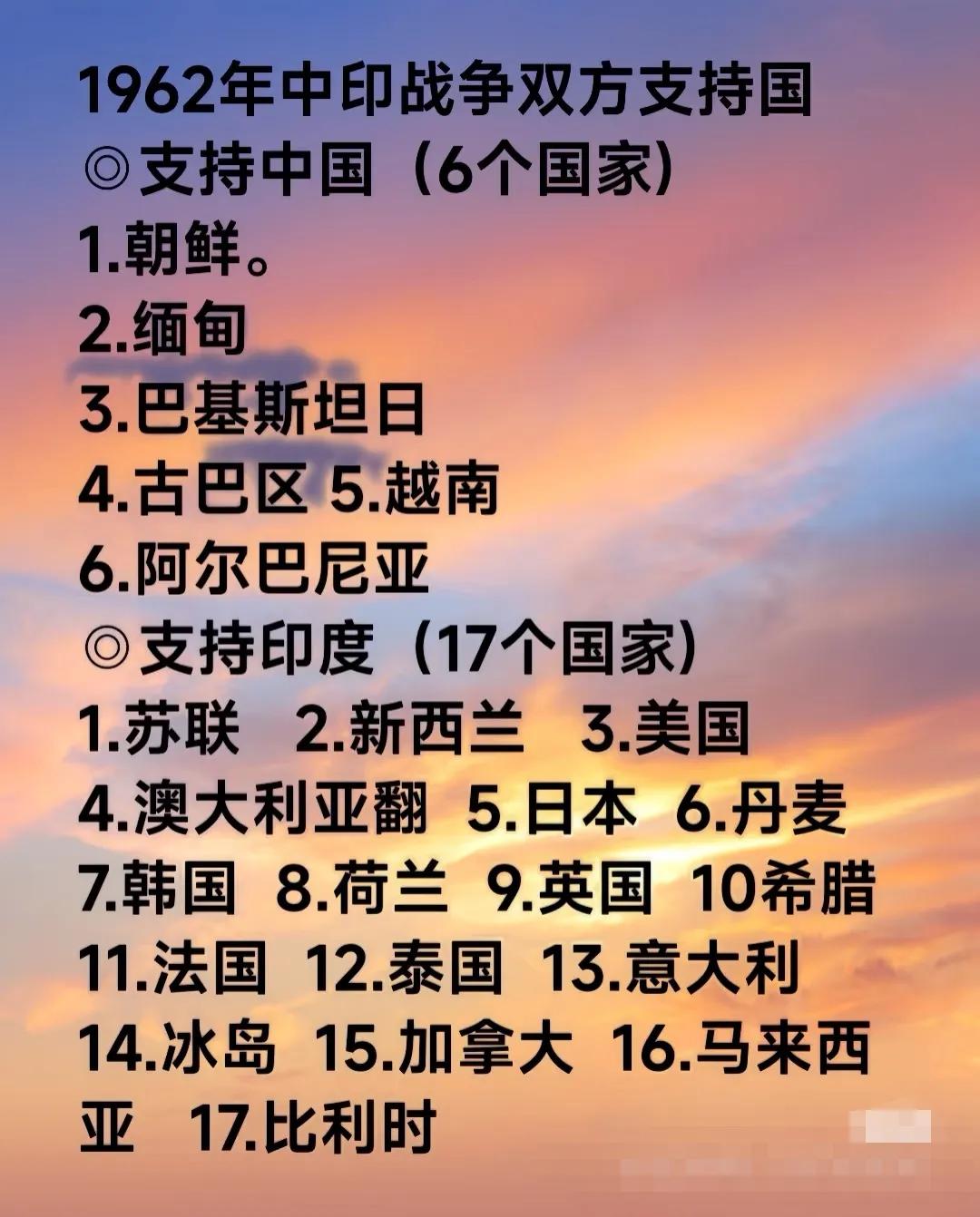 1962年中印爆发战争时双方支持的国家。印度当时可谓非常嚣张狂妄，以为美国和苏联