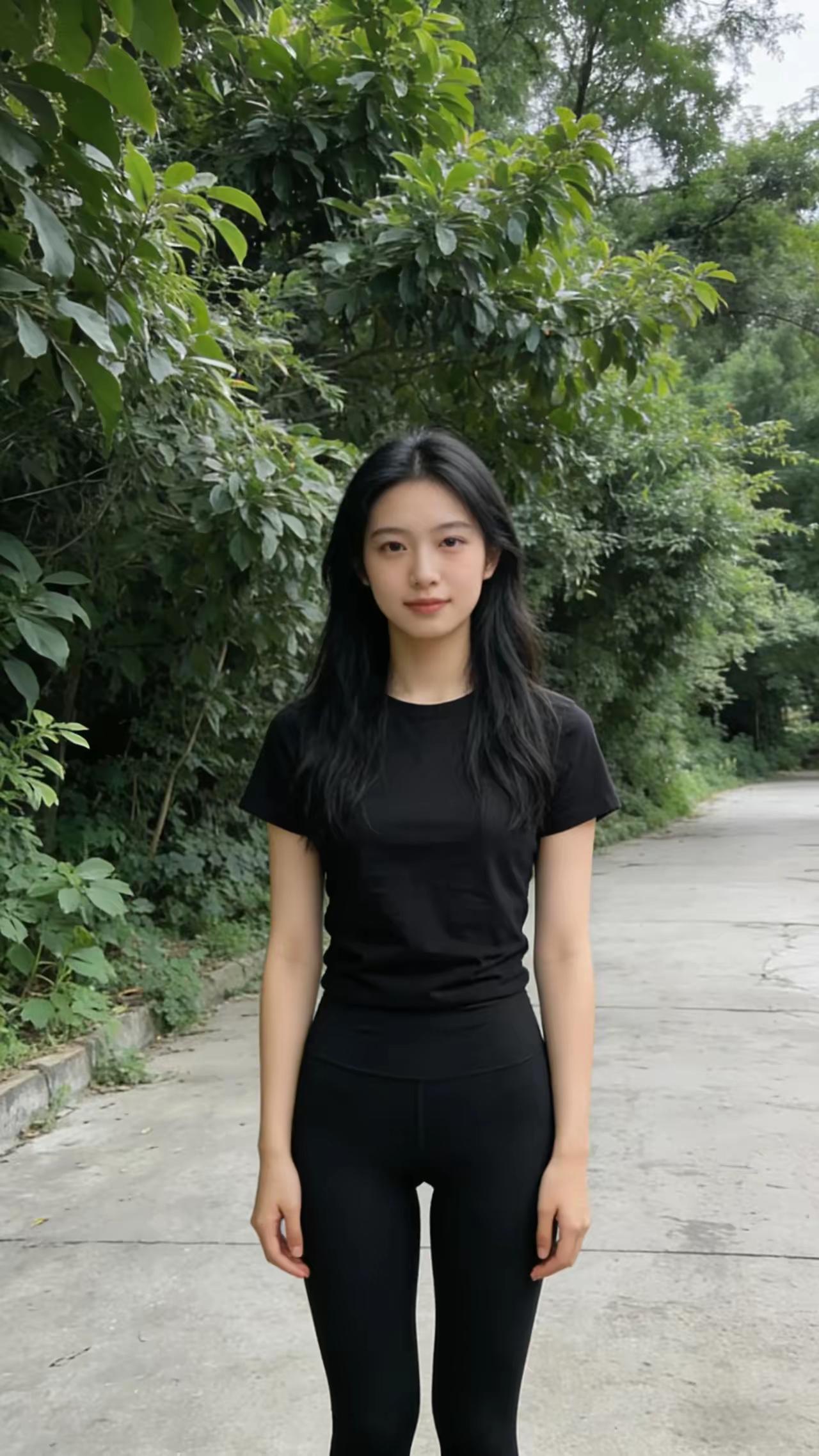 黑衣少女漫步绿荫道，自然清新，尽显青春活力！🌿👗💃