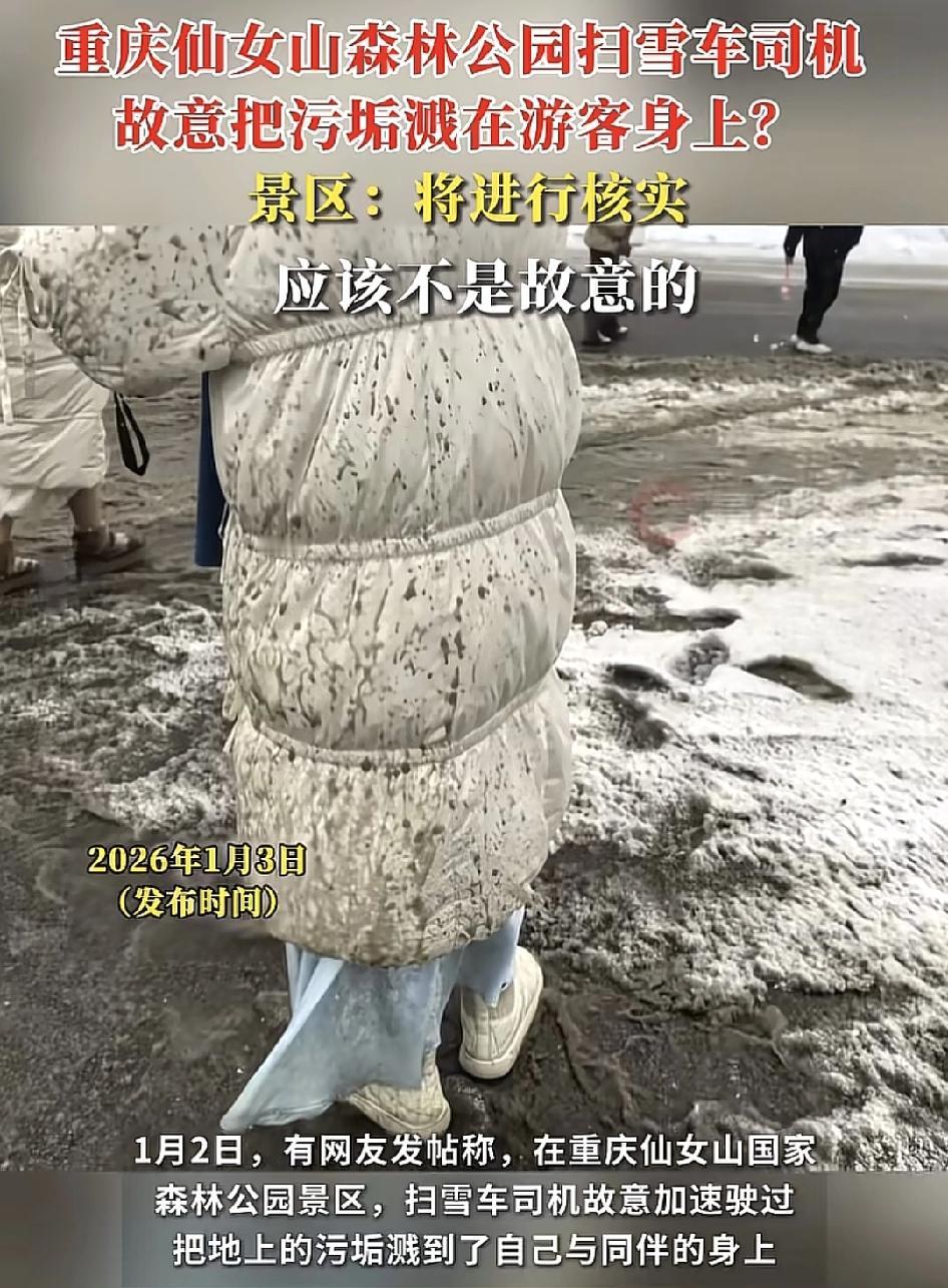 重庆仙女山景区国家森林公园有游客称自己在路口遇见扫雪车，为了躲避扫地车已经在小跑