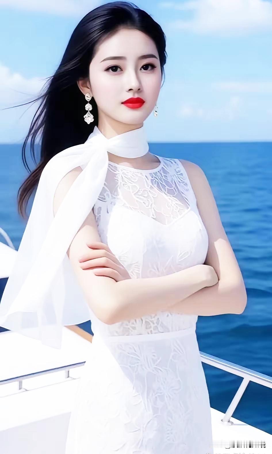 夏日海边穿搭指南：白色蕾丝连衣裙，清新自然，搭配精致耳环，尽显优雅气质。