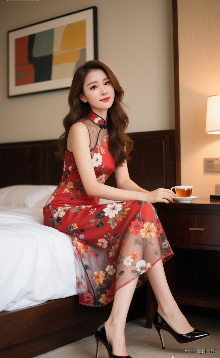 优雅红色绣花旗袍，花间茶香，尽显东方韵味