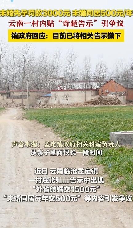 云南临沧孟定镇一村张贴这样的告示，上面规定：未婚先孕罚3000，未婚同居年缴50