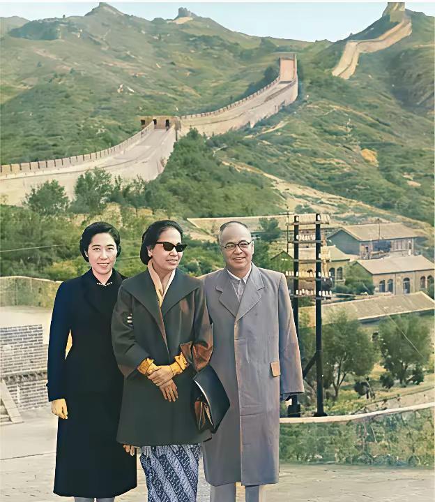 1962年，王光美陪同印尼总统夫妇游览长城。王光美身穿黑色外套，气质优雅时尚。