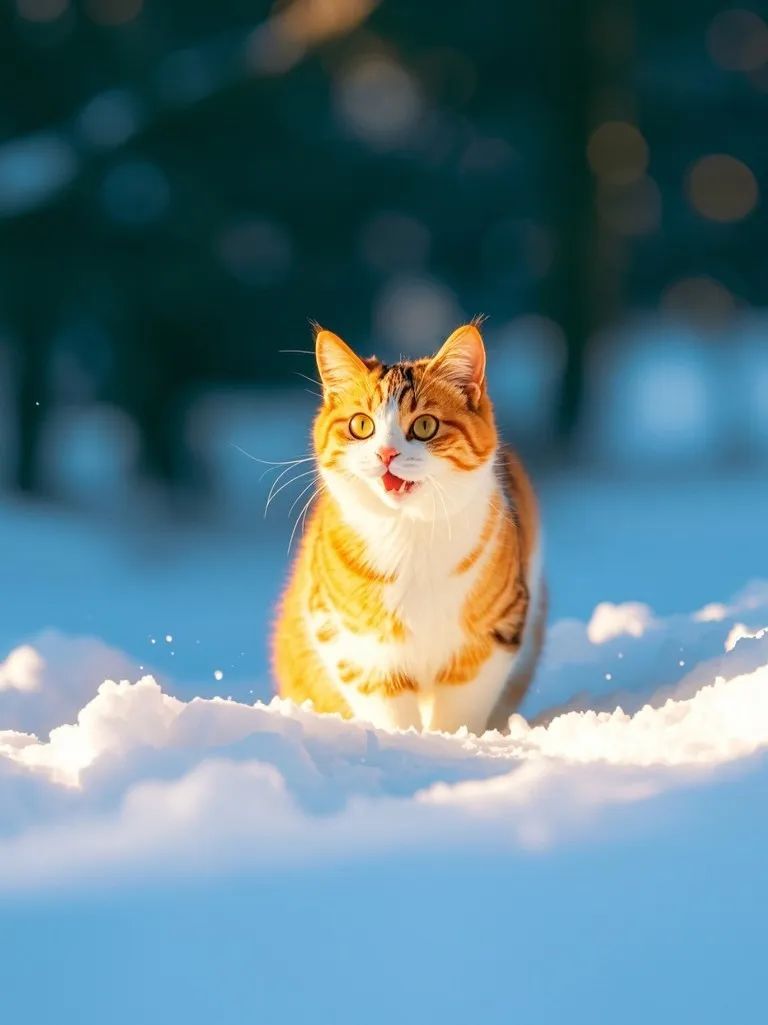 雪地里的橘猫在发光