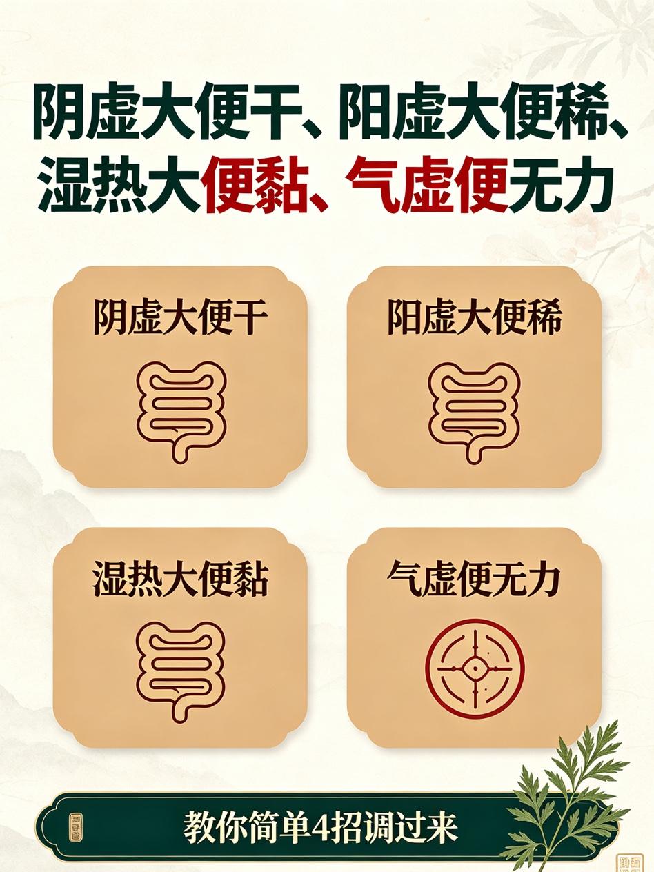 阴虚大便干、阳虚大便稀、湿热大便黏、气虚便无力，教你简单4招调过来第一招：阴