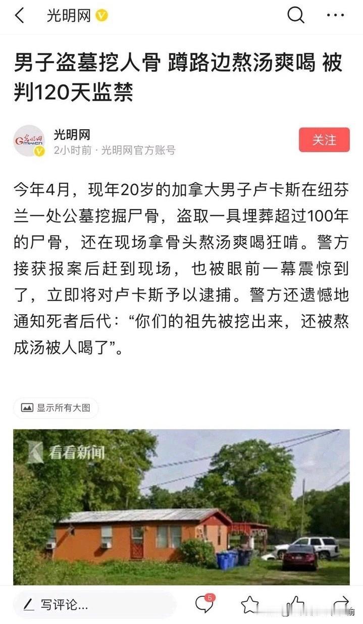加拿大男子盗挖百年人骨，蹲在路边当场熬汤啃食，警察赶到时都被这一幕震住了。最终他