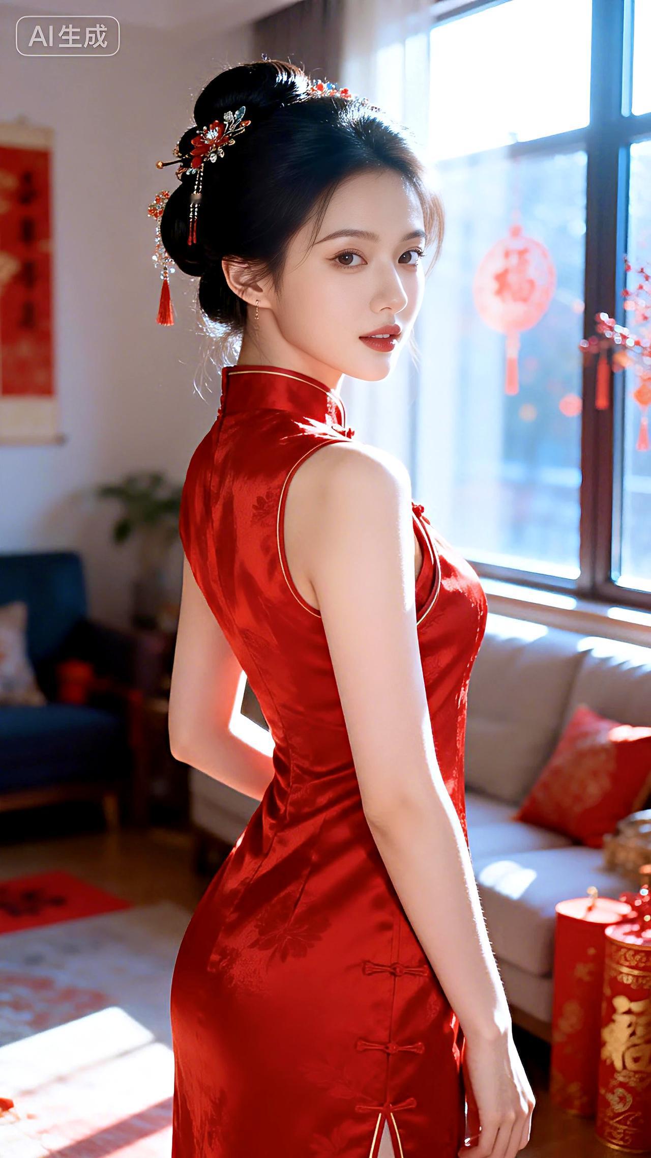 红裳映雪，眸含春意，她在岁首的静谧中，等一场花开，候一缕暖阳。豆包壁纸