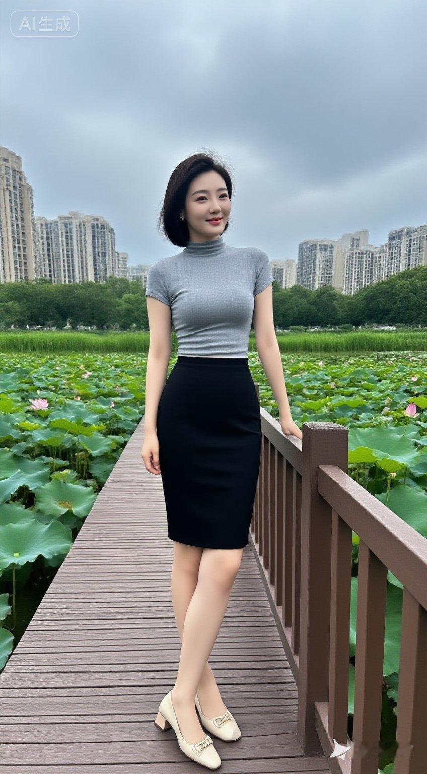 优雅都市女郎，漫步湖畔，尽显时尚魅力！🌸👗👠